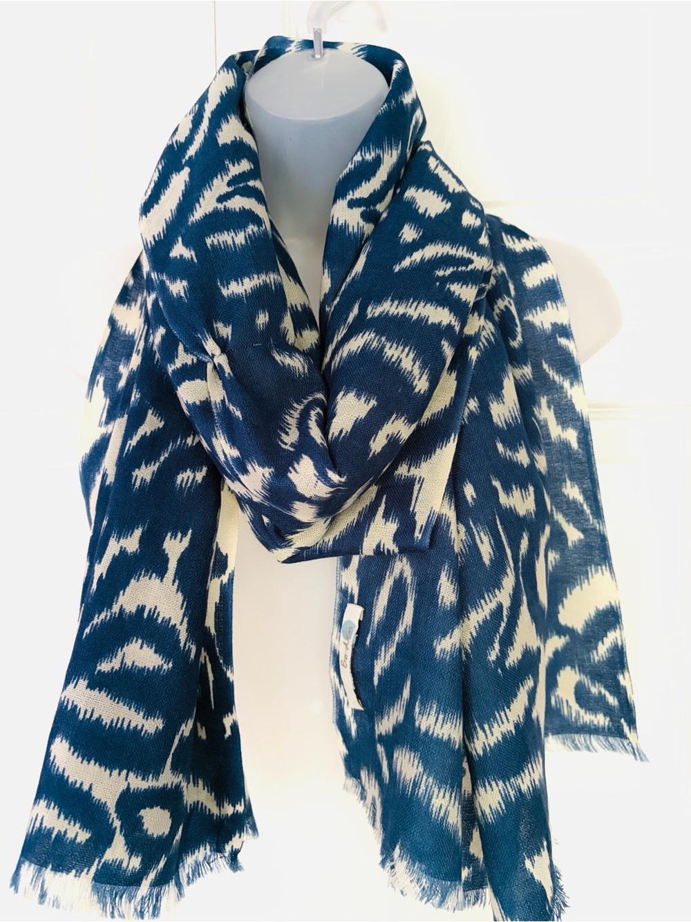 Boden Wool Scarf Wrap Shawl Indigo Blue Size 72 in x 22 in Abstract Design New